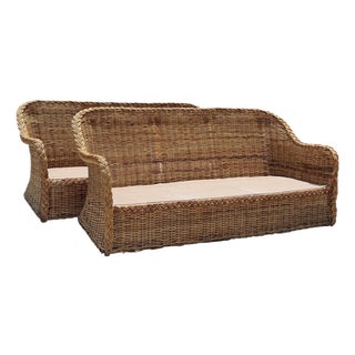Vintage 72” Handwoven Rattan Sofas With Large Braid Trim, Pair For Sale