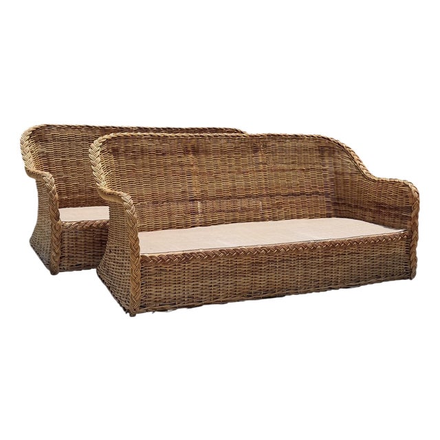Vintage 72” Handwoven Rattan Sofas With Large Braid Trim, Pair For Sale