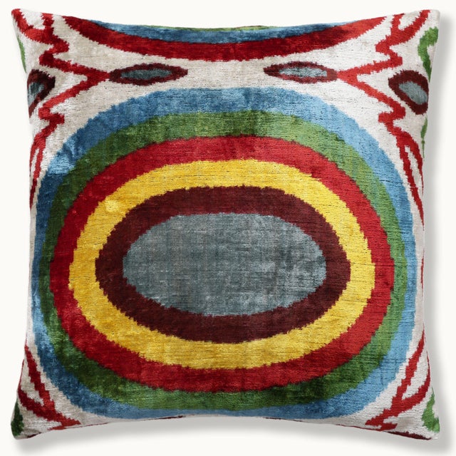 "his 20x20 inch (50x50 cm) handmade silk velvet throw pillow features a striking concentric ikat-inspired motif, rendered...