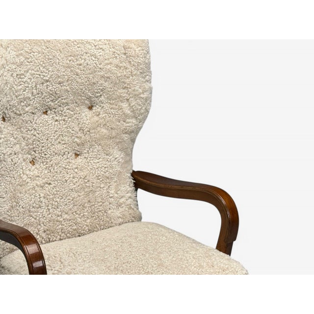 Danish Mid-Century Modern, Beige Sheepskin, Beech, Lounge Chair, Denmark, 1960s For Sale In New York - Image 6 of 9