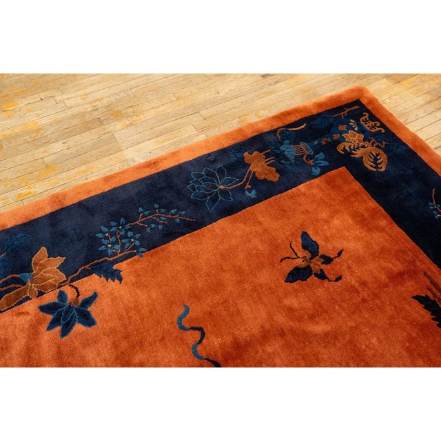 1920s Antique Orange Vase Floral Buterfly Chinese Handknotted Art Deco Wool Rug For Sale In New York - Image 6 of 9
