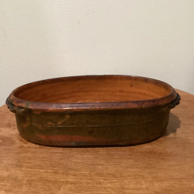 French Antique French Glazed Terracotta Oval Baking/Cooking Vessel For Sale - Image 3 of 12