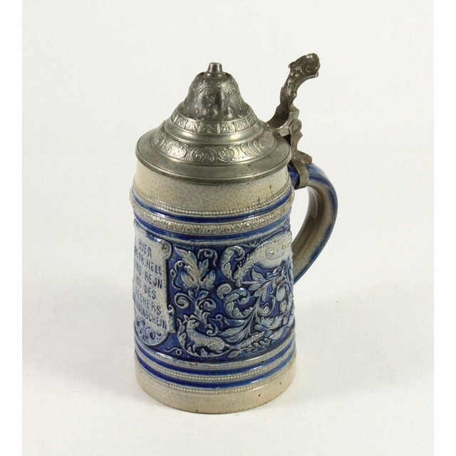 Biedermeier 1880's Blue on Gray Stoneware Beer Stein With Pewter Lid 0.5l Westerwald Germany For Sale - Image 3 of 14