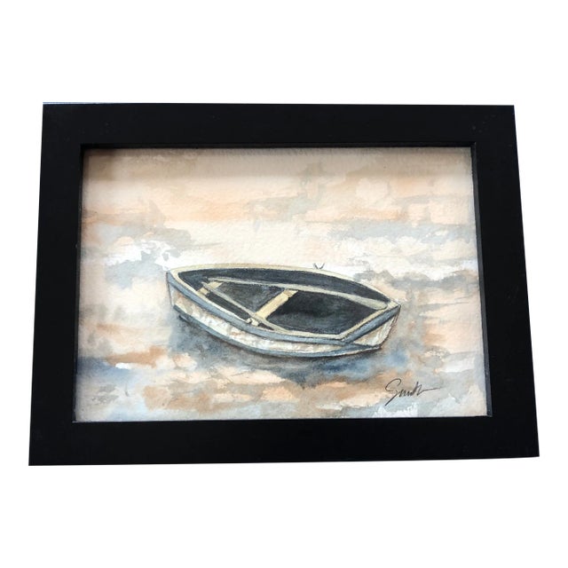 “Rowboat at Low Tide” Contemporary Signed Original Watercolor Seascape Painting by Nancy Smith, Framed For Sale