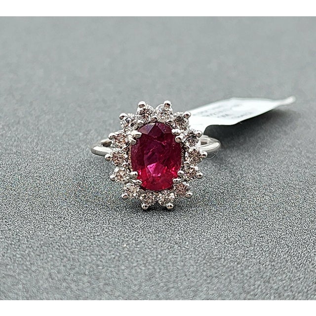 Early 21st Century Natural Ruby & Diamond Halo Ring in 14k White Gold – 2.05 Ct Size 5 For Sale - Image 5 of 9