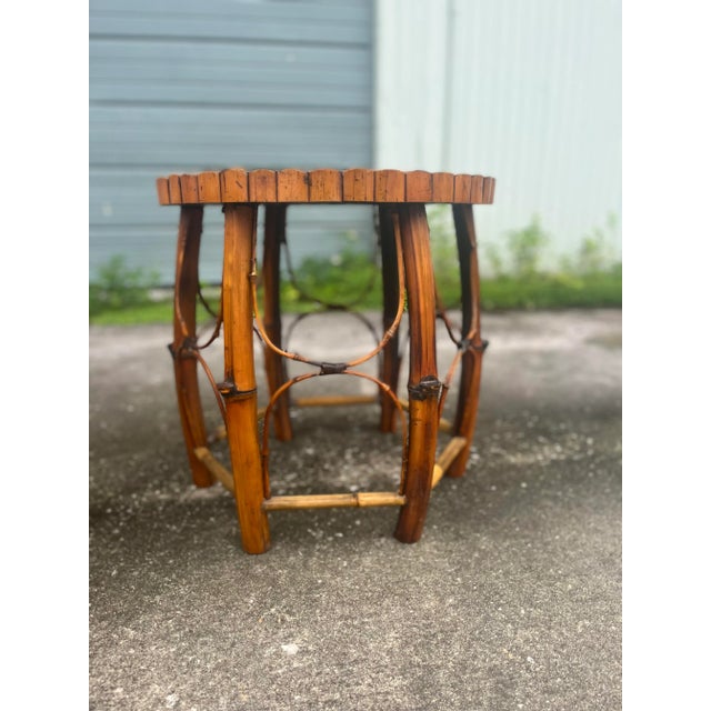 Late 20th Century Rattan and Bamboo Pair of Barrel Side Tables With Inset Star Top For Sale In Tampa - Image 6 of 12