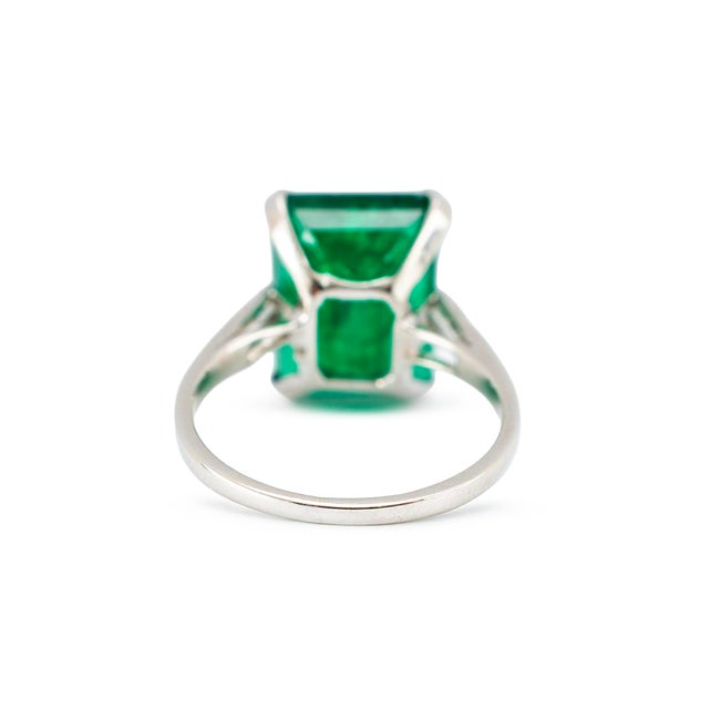 Vintage Platinum 9.77ctw Gia Green Emerald Diamond Three Stone Cocktail Ring, Size 7.75 For Sale In Houston - Image 6 of 9