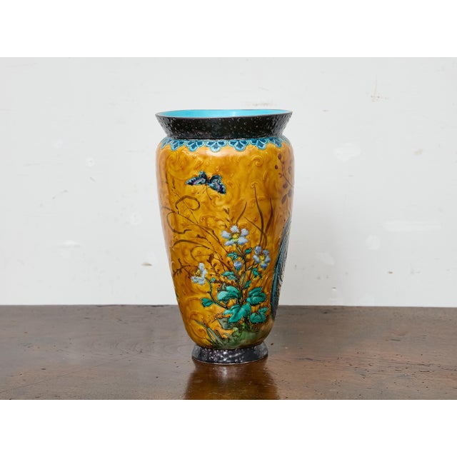 Early 20th Century French Majolica Vase With Rooster, Irises, and Butterfly, Circa 1900 For Sale - Image 5 of 9