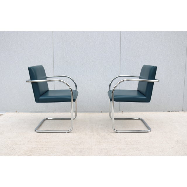 Ludwig Mies Van Der Rohe Brno Tubular Chairs in Blue Leather by Gordon - A Pair For Sale - Image 13 of 18
