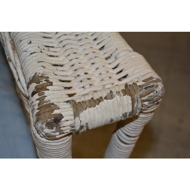 Vintage White Wicker Wing Back Arm Chair W/ Blue Cushions & Coil Sprung Seat For Sale - Image 15 of 18