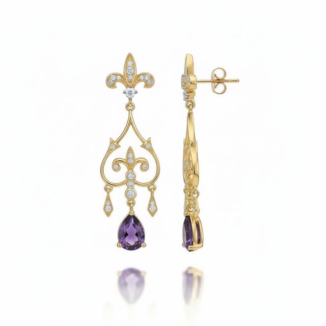 Modern Fleur De Lis Chandelier Earrings Studs With Amethyst in Silver, Gold, A Pair For Sale - Image 3 of 6