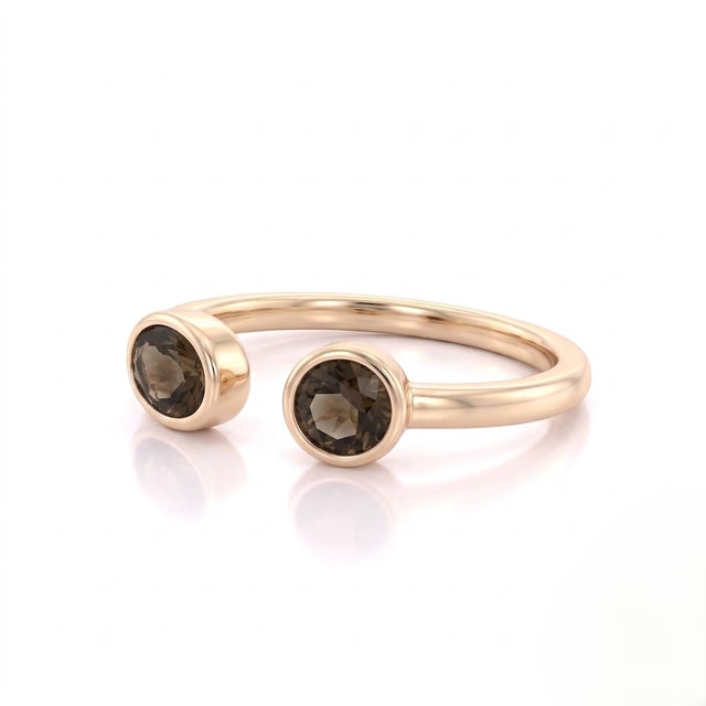 Contemporary Smoky Quartz Toi Et Moi Ring | Double Stone Open Ring | Brown Gemstone Ring | Minimalist Cuff Stacking Ring Us 7 For Sale - Image 3 of 3