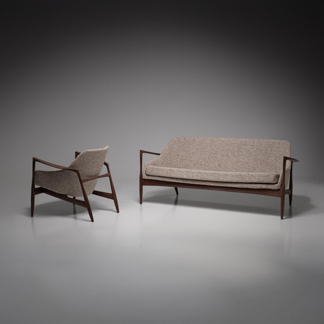 A very rare and elegant lounge chair d200 and matching sofa d200 s designed by ib kofod-larsen for the german firm g....