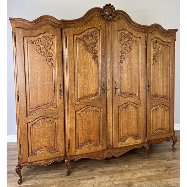 Vintage French Louis XVI Style Carved Oak 4-Door Wardrobe For Sale - Image 13 of 13