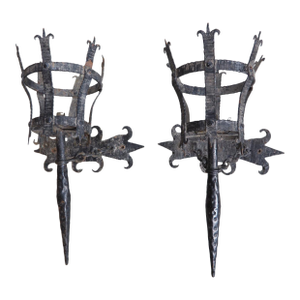 Pair of Early 1900s French Medieval Style Wrought Iron Torch Sconces