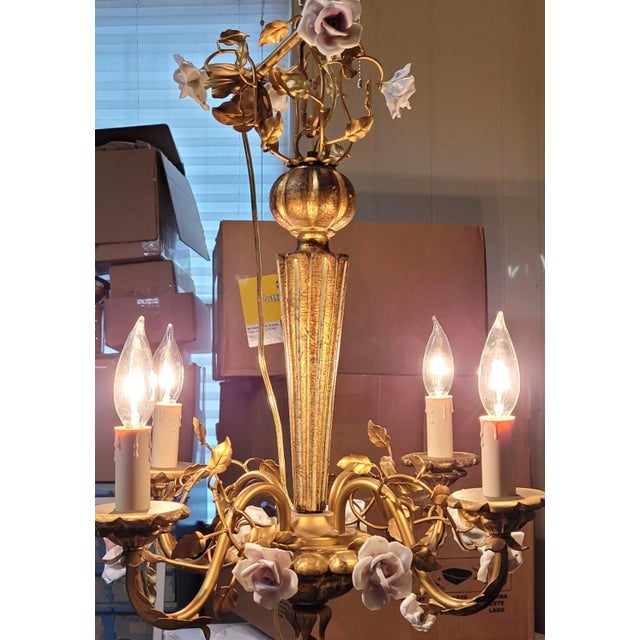 Wood Italian Gilt Wood & Porcelain Roses Chandelier For Sale - Image 7 of 9