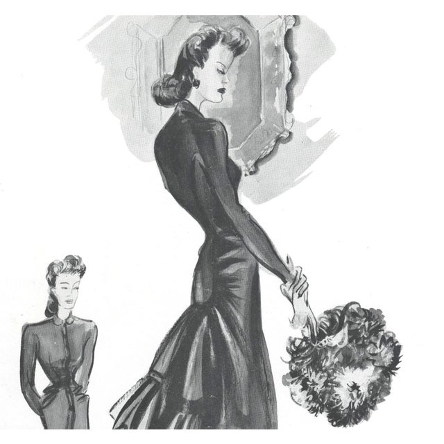 This is a matted 1939 Cristobal Balenciaga fashion illustration that appeared in a French magazine of the time. It is...