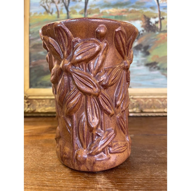 1970s Vintage Red Wing Pottery Brown Glazed Floral Relief Vase For Sale - Image 5 of 10