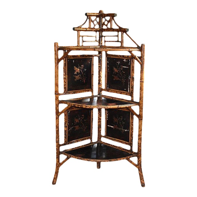 Chinoiserie Japanned English Pagoda Bamboo Standing Corner Shelf or Etagere For Sale