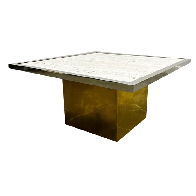 Brute Travertin Coffee Table with Brass Base and Chrome Edges, 1970s For Sale
