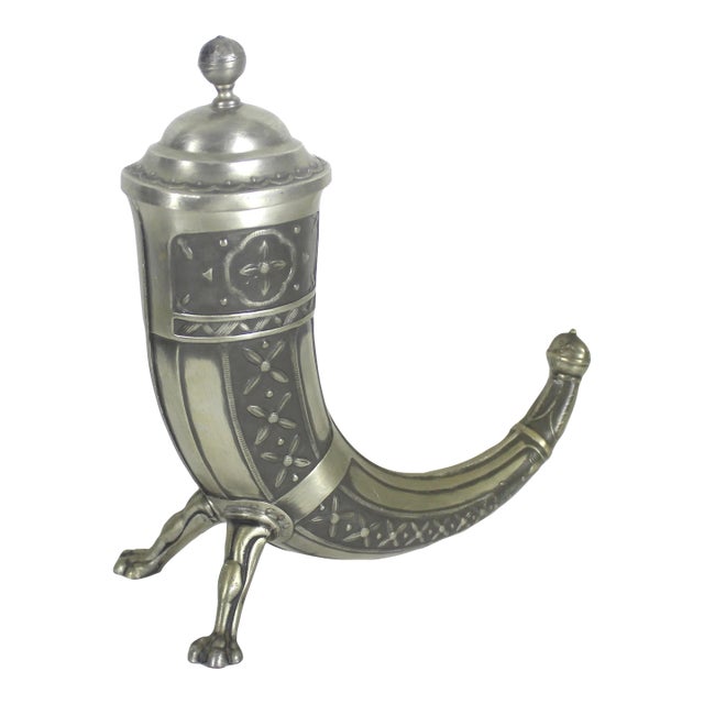 Large 1950’s Norwegian Viking Pewter Drinking Horn With Legs Feet Lid by Aksel Holmsen Norway For Sale