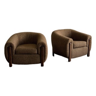 Mid 20th Century Oversized Oak & Boucle Lounge Chairs- Pair For Sale
