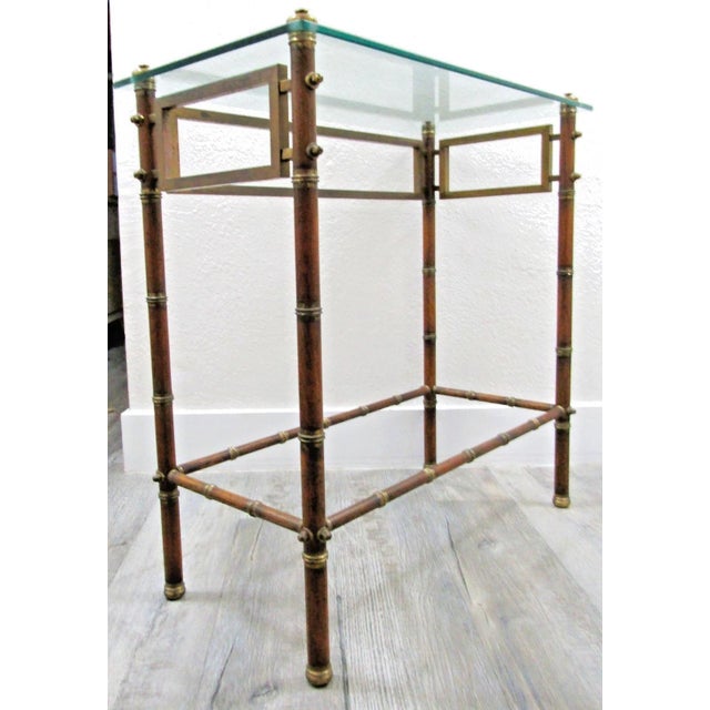 Brown Mid-Century French Glass Top Faux Bamboo Wood and Brass Side Table Attributed to Maison Baguès For Sale - Image 8 of 18
