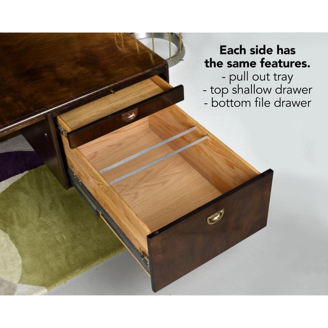 Romweber 1970s Romweber Burl Wood and Gold Trim Executive Desk With Filing Drawers For Sale - Image 4 of 18