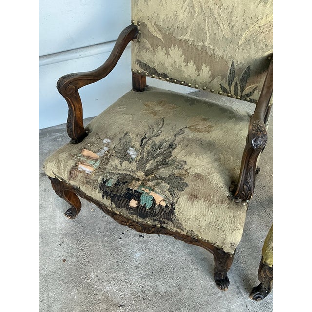 Vintage 18th Century French Baroque Tapestry Arm Chairs - A Pair For Sale - Image 10 of 12