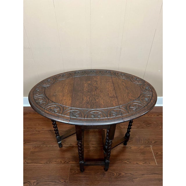 Petite Antique English Side Sofa Table Barley Twist Drop Leaf Gateleg Carved Oak For Sale - Image 12 of 18