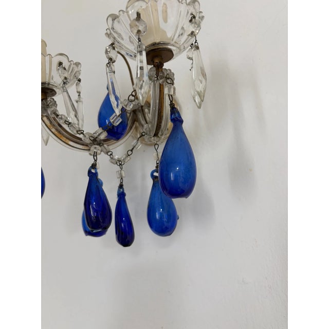 C 1920 Cobalt Mouth Blown Murano Drops Crystal Prisms Sconces One of a Kind For Sale - Image 9 of 11