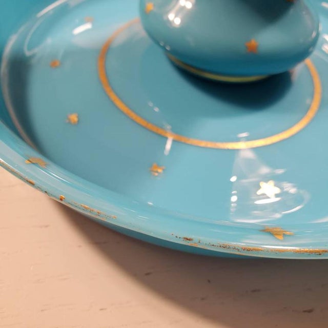 Beautiful PV blue opaline glass vase and matching plate // rare gold stars // Portieux Vallerysthal // french blue // vintage glassware // For Sale - Image 10 of 10