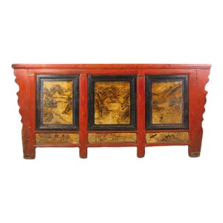 Late 19th Century Hand Painted 78" Long Red Gansu Sideboard Cabinet For Sale
