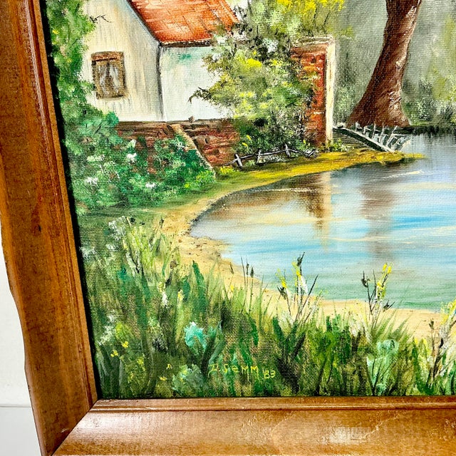 1983 Vintage Impressionist Boho Chic Original Oil Painting, Lake House by Donna Semm For Sale - Image 13 of 14