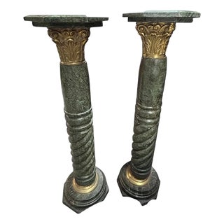 Pair of Antique French Green Marble & Gilt Bronze Pedestals 44" For Sale