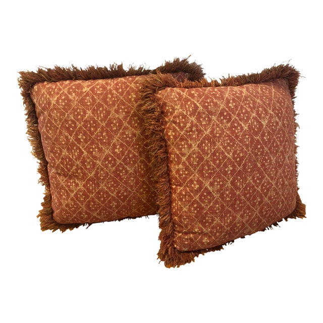 Contemporary Traditional Osborne & Little Square Rust Custom Pillows with Fringe Trim - a Pair For Sale