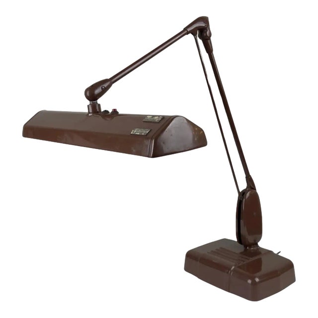 Mid Century Industrial Floating Brown Metal Desk Lamp by Dazor, Signed For Sale