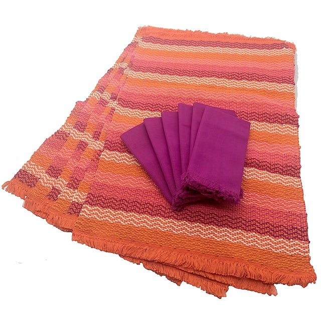 Woven Cotton Placemats and Napkins Made in Guatemala, Set of 6 For Sale