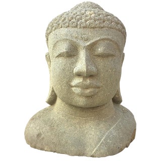 Late 20th Century Buddha 3' Statue, Granite Carved Bust Garden Stone For Sale