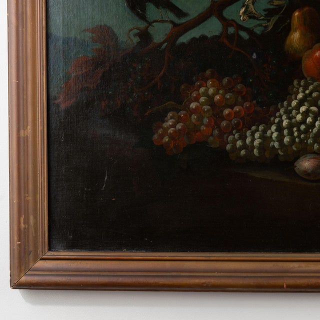 Wood 19th Century Italian Still Life Oil on Canvas Painting With Fruits and Bird For Sale - Image 7 of 9