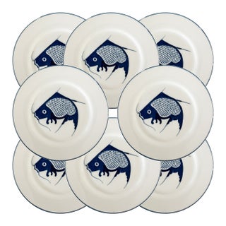 Vintage Chinoiserie Blue & White Koi Fish Dinner Plates – Set of 8 For Sale