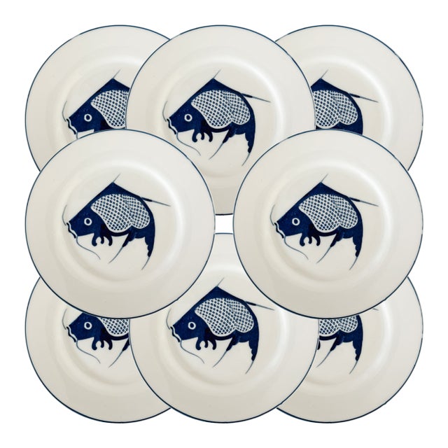 Vintage Chinoiserie Blue & White Koi Fish Dinner Plates – Set of 8 For Sale