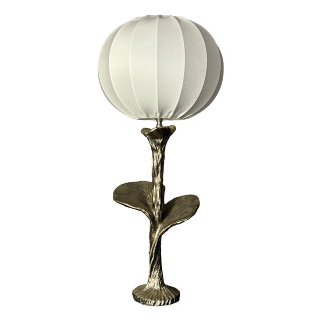 Brass Silver Flower Lamp with Cocoon Fabric Shade, 1980s For Sale