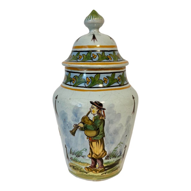 Antique French Faience Desvres Lidded Jar With Breton & Fluer De Lys For Sale