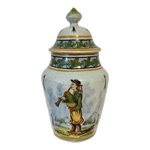 Antique French Faience Desvres Lidded Jar With Breton & Fluer De Lys
