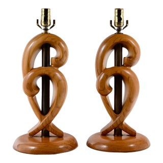 Vintage Mid Century Modern Yasha Heifetz Table Lamps, Sculpted From Fruitwood With Antique Brass Center - a Pair For Sale