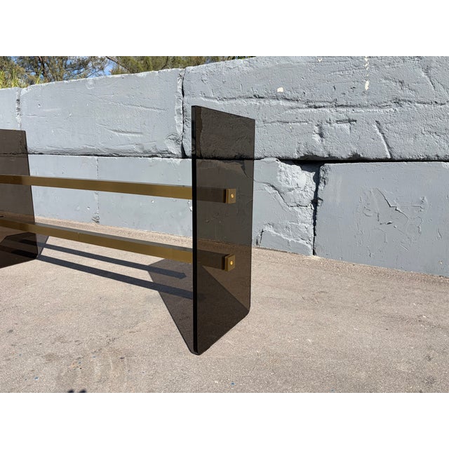 1970s Mid Century Modern Dark Glass and Brass Console Table, Sofa Table For Sale - Image 16 of 16