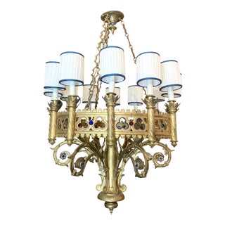 19th Century Italian Neo-Gothic Gilt Bronze and Enameld 12-Ligh Chandelier For Sale