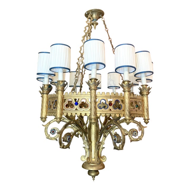 19th Century Italian Neo-Gothic Gilt Bronze and Enameld 12-Ligh Chandelier For Sale