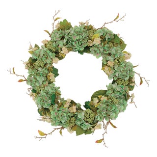 Hydrangea and Seedum Floral Wreath 32"D For Sale
